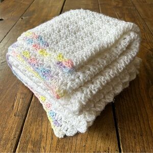 Handmade White Crochet Baby Blanket with Pastel Trim 34x40"